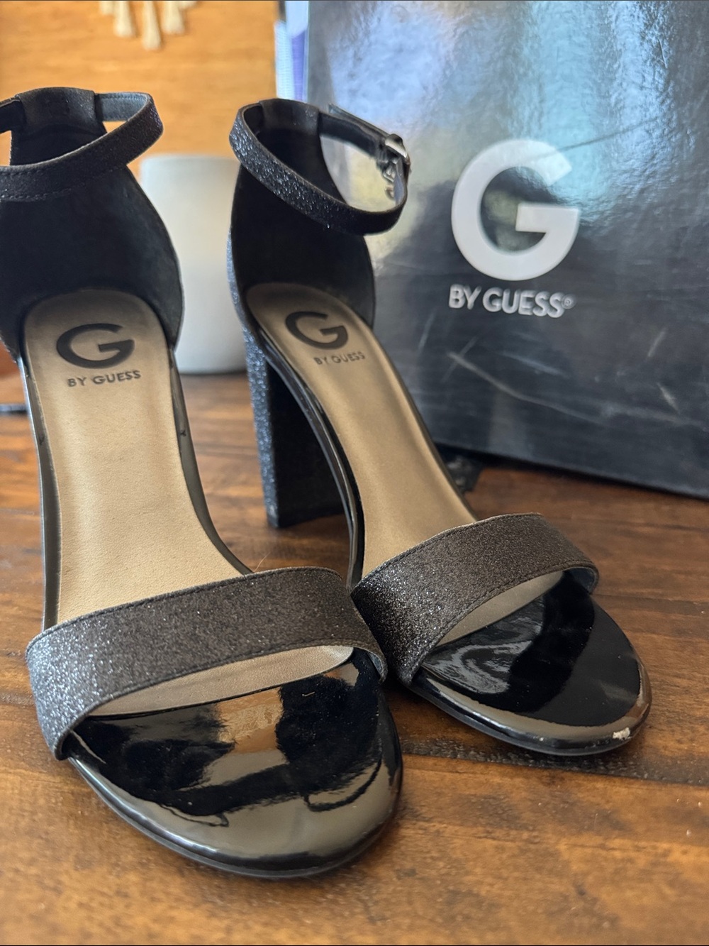G by Guess Shantel 3-M Black Texture Ankle-Strap Block Heels